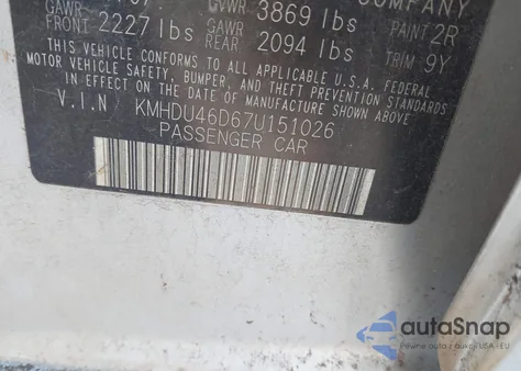 2007 Hyundai Elantra z USA, uszkodzony, nr VIN KMHDU46D67U151026